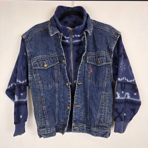 Vintage 90s Bugle Boy Denim Jacket Aztec Fleece Lined Grunge Southwestern Large*